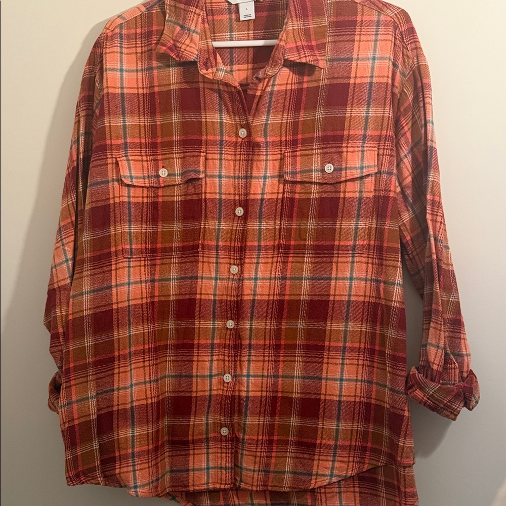 Old Navy Red and Orange Plaid Boyfriend Shirt